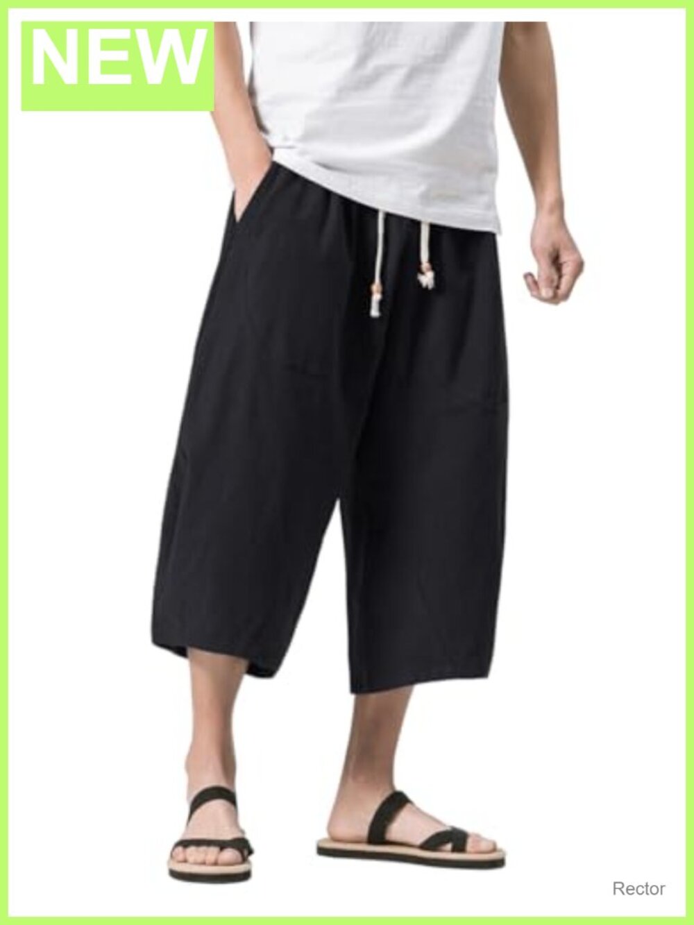 Men's Linen Capri Pants Elastic Waist Wide Leg Baggy Harem Pants Cotton